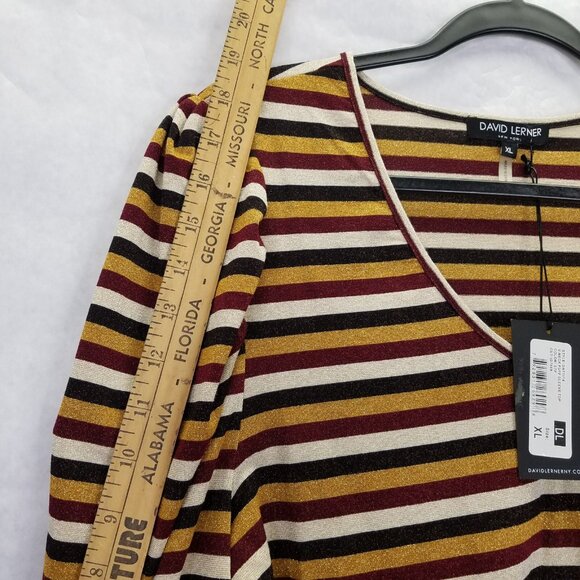 David Lerner Shimmer Stripe Top Women's XL V-Neck Puff 3/4 Sleeve Gold Red NEW - Picture 15 of 16